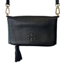 Tory Burch Black Pebbled Leather Foldover Crossbody Bag Tassel & Gold Hardware